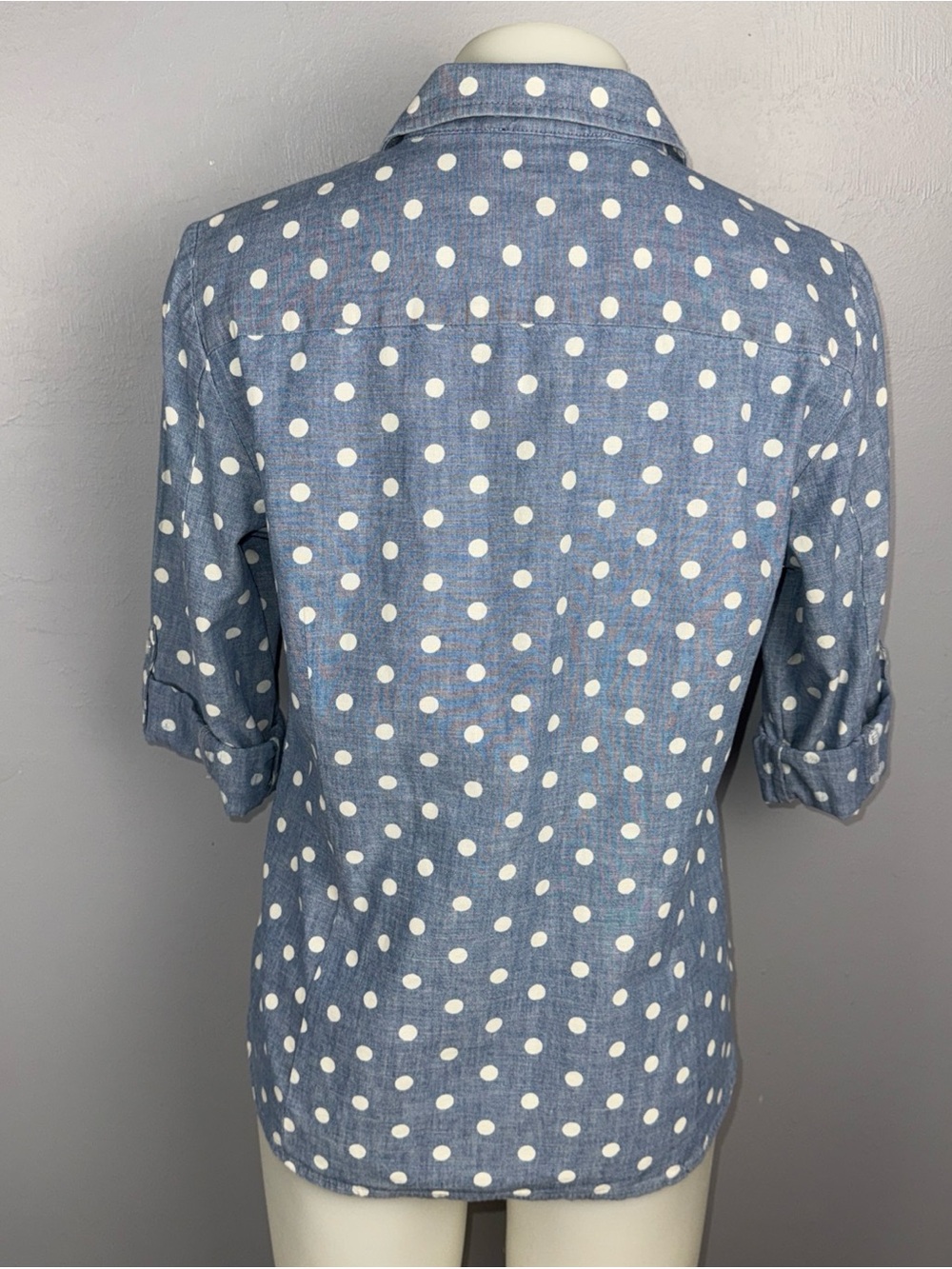 Tommy Hilfiger Shirt M Blue Polka Dot 3/4 Roll Tab Sleeve Button Down *READ - Picture 7 of 10